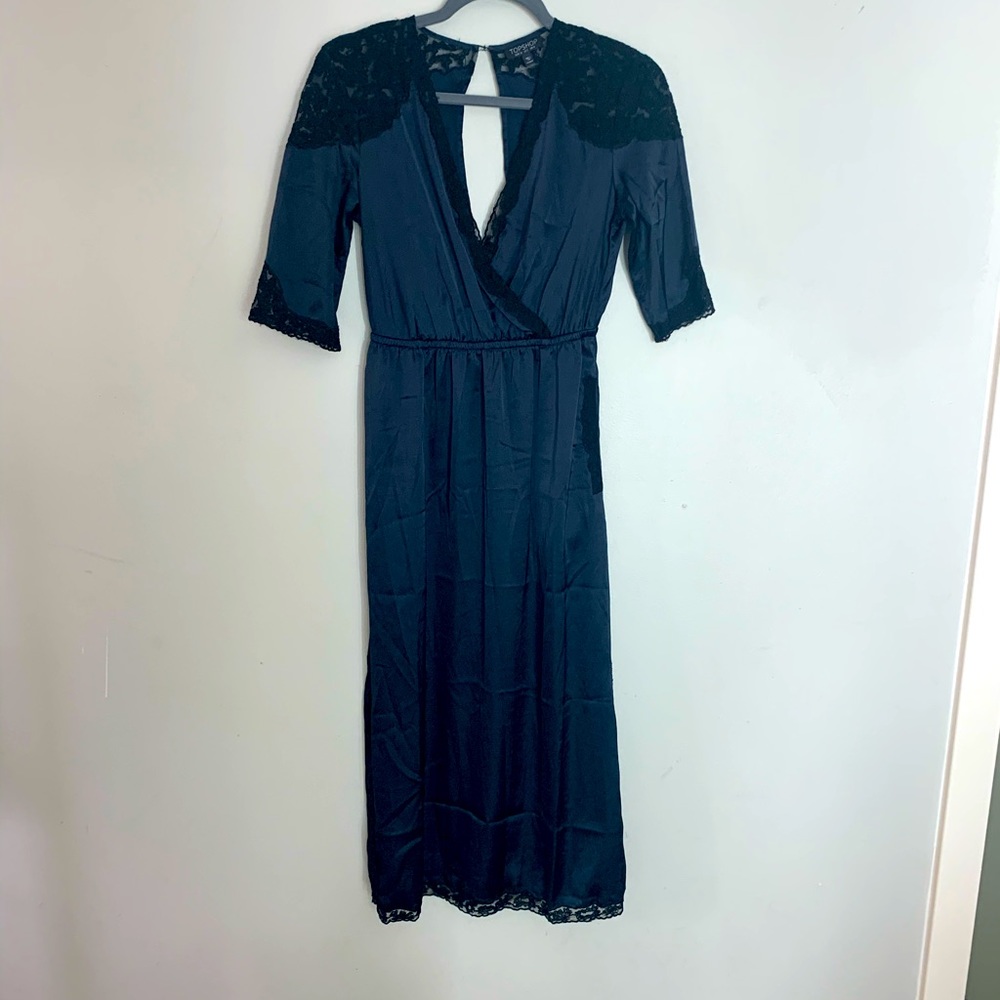 Topshop Silky Navy Blue MIDI Dress w/ Black Lace